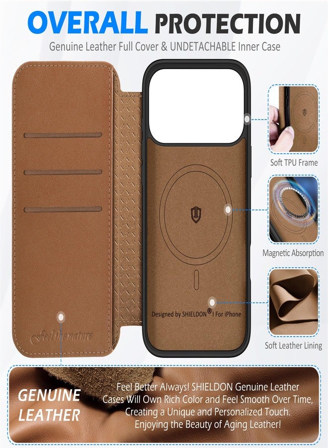 SHIELDON Slim Genuine Leather Wallet Case Compatible with iPhone 17 Pro Max 6.9-inch 5G, Magnetic Wireless Charging, RFID Blocking, 3 Card Slots, Shock-Absorbent, Protective Flip Cover - Saddle Brown - Image 3