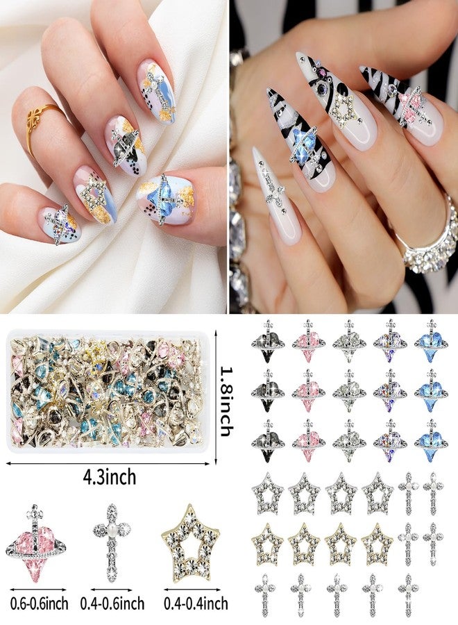 HFKPJRT 40PCS 3D Cross Nail Charms for Acrylic Nails, Shiny Rhinestones Charms for Nail Design Nail Art Alloy Diamond Planet Star Nail Gems for Women Girls DIY Nail Art Decoration - Image 2