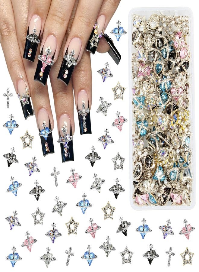 HFKPJRT 40PCS 3D Cross Nail Charms for Acrylic Nails, Shiny Rhinestones Charms for Nail Design Nail Art Alloy Diamond Planet Star Nail Gems for Women Girls DIY Nail Art Decoration - Image 1