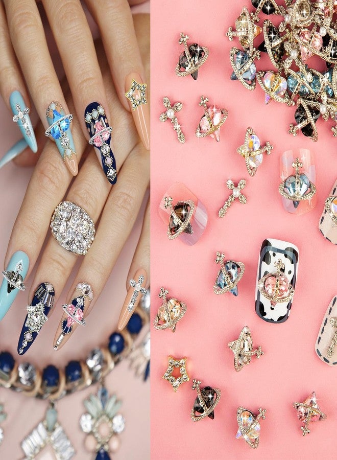 HFKPJRT 40PCS 3D Cross Nail Charms for Acrylic Nails, Shiny Rhinestones Charms for Nail Design Nail Art Alloy Diamond Planet Star Nail Gems for Women Girls DIY Nail Art Decoration - Image 5