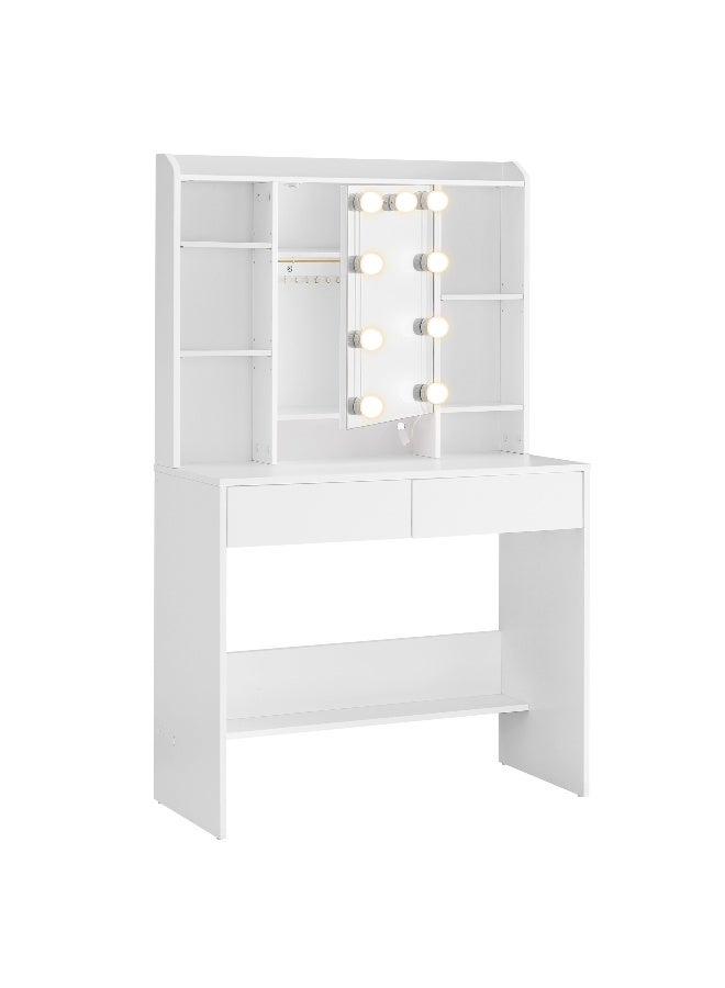 VASAGLE طاولة زينة فاساجل مع أضواء LED، 9 لمبات، 3 ألوان ضوء، سطوع قابل للتعديل، مكتب زينة مع مرآة، رفوف قابلة للتعديل، 2 درج، مكتب مكياج، حديث، أبيض RDT126W02 - Image 1