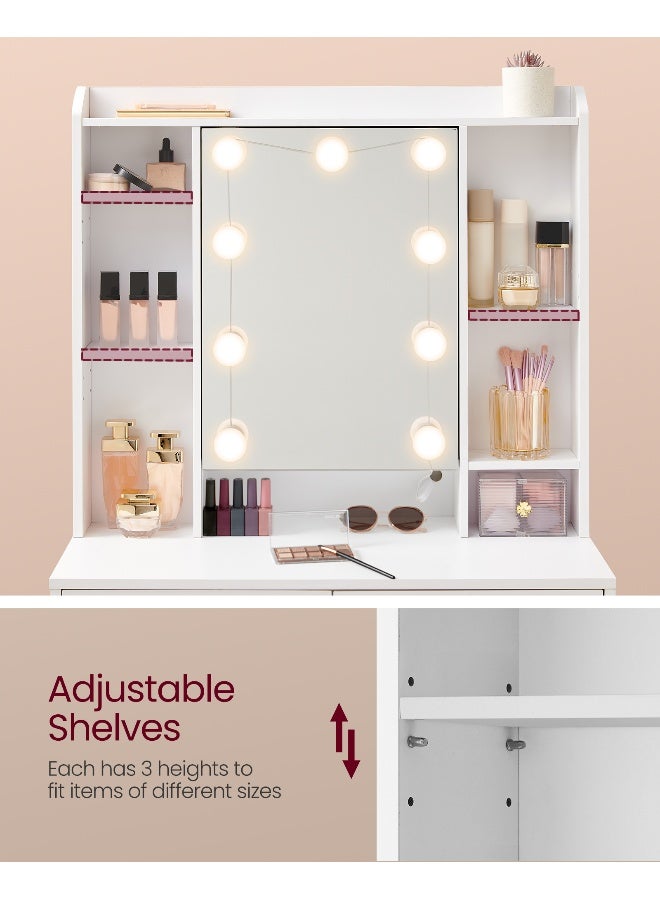 VASAGLE طاولة زينة فاساجل مع أضواء LED، 9 لمبات، 3 ألوان ضوء، سطوع قابل للتعديل، مكتب زينة مع مرآة، رفوف قابلة للتعديل، 2 درج، مكتب مكياج، حديث، أبيض RDT126W02 - Image 2