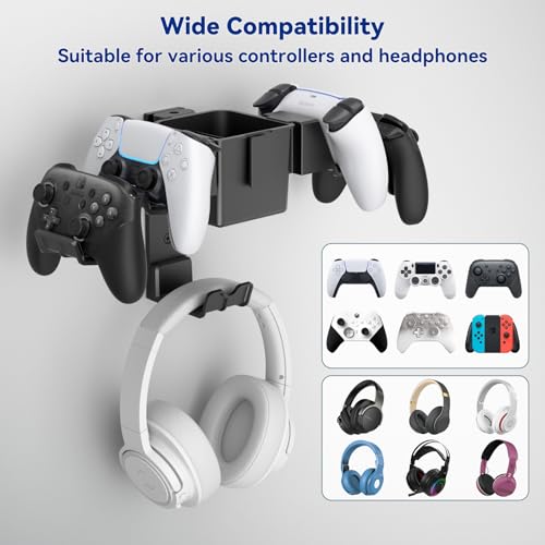 KDD Controller Wall Mount & Headset Holder, Universal Gaming Organizer Stand with Storage Box, Fits Xbox Series X/S, PS4, PS5, Switch, Steam, Gamepad Hanger for Headphones & Accessories - Image 4