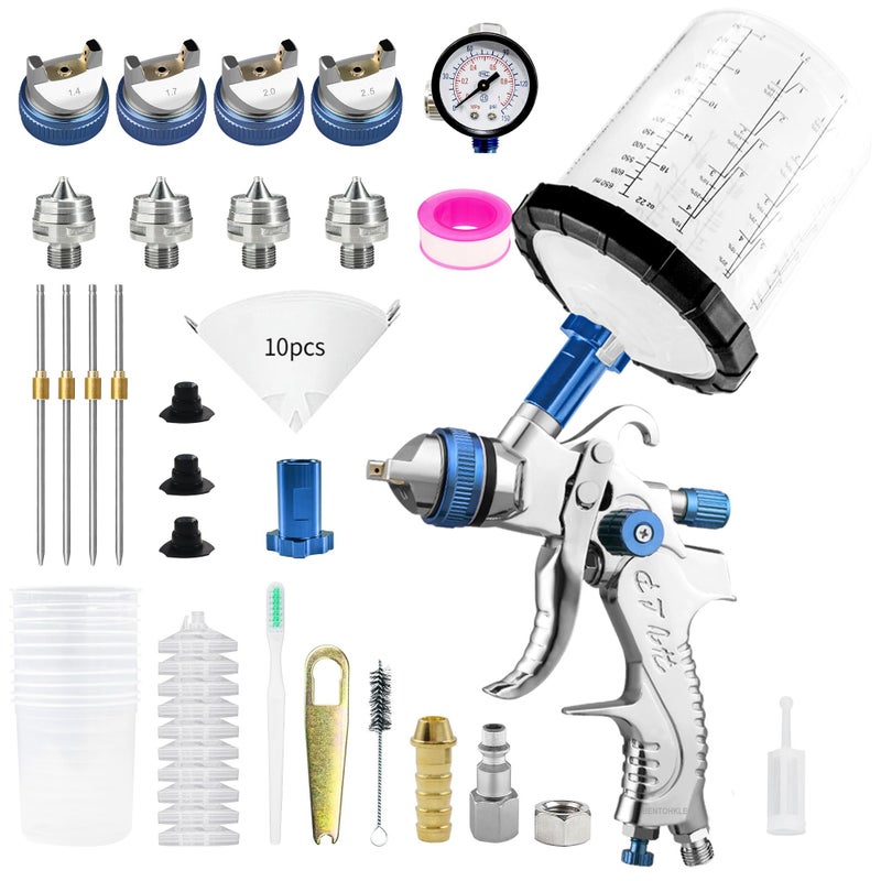 BENTOHKLE HVLP Gravity Fed Air Spray Gun with 1.4/1.7/2.0/2.5 mm Nozzles and 650 cc Mixing Cups, Spray Paint Gun for Automotive Refinishing and Home Wall Finishing Applications (Blue) - Image 1