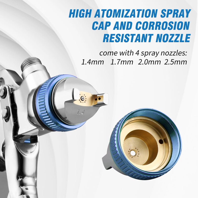BENTOHKLE HVLP Gravity Fed Air Spray Gun with 1.4/1.7/2.0/2.5 mm Nozzles and 650 cc Mixing Cups, Spray Paint Gun for Automotive Refinishing and Home Wall Finishing Applications (Blue) - Image 3