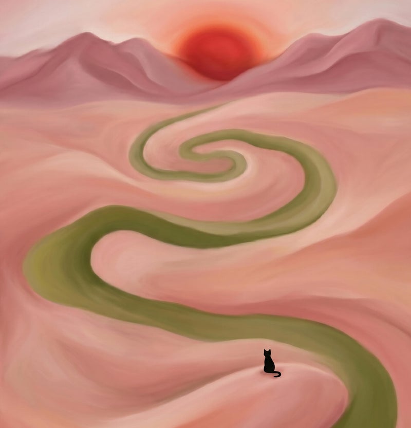 TNESSENTIAL Surreal Cat Landscape – Abstract Pink Desert Print, Green River Poster, Dreamy Nature Wall Art, Black Cat Decor, Modern Pastel Painting - Image 2