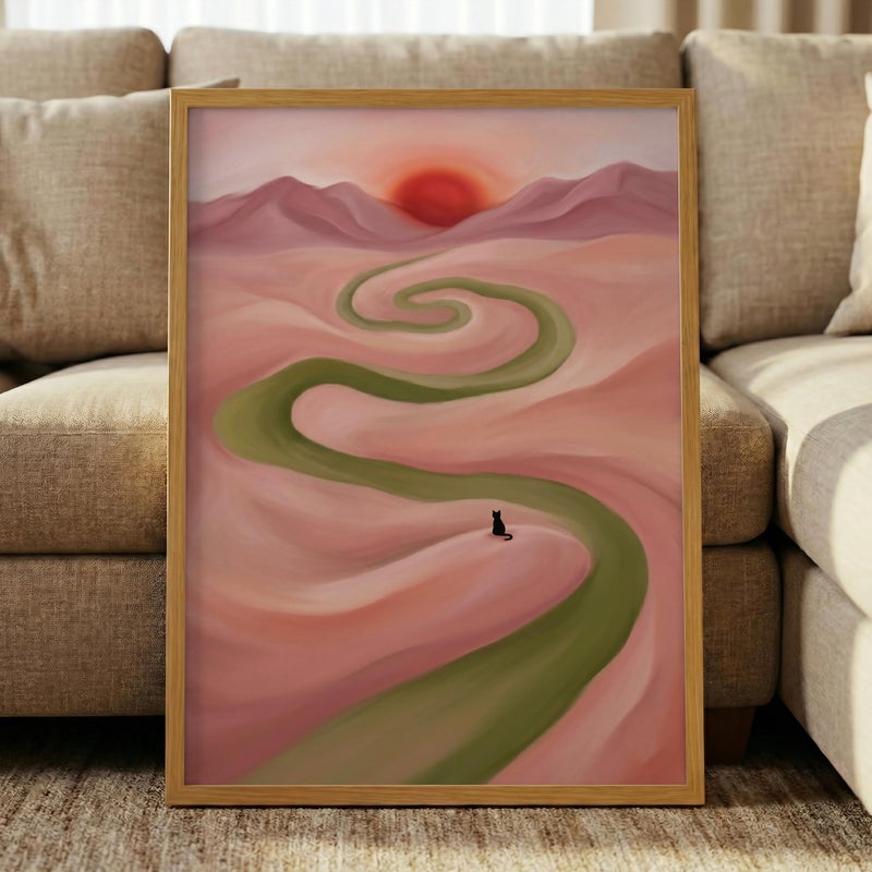 TNESSENTIAL Surreal Cat Landscape – Abstract Pink Desert Print, Green River Poster, Dreamy Nature Wall Art, Black Cat Decor, Modern Pastel Painting - Image 5