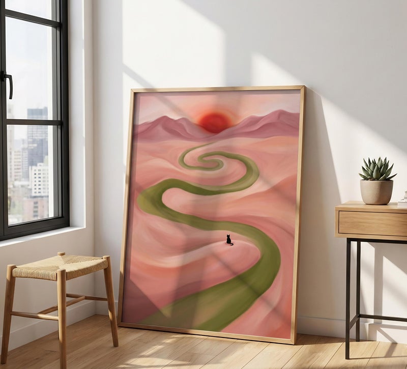 TNESSENTIAL Surreal Cat Landscape – Abstract Pink Desert Print, Green River Poster, Dreamy Nature Wall Art, Black Cat Decor, Modern Pastel Painting - Image 4