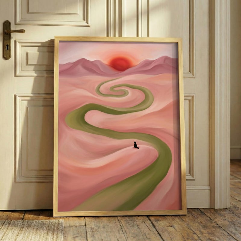 TNESSENTIAL Surreal Cat Landscape – Abstract Pink Desert Print, Green River Poster, Dreamy Nature Wall Art, Black Cat Decor, Modern Pastel Painting - Image 1