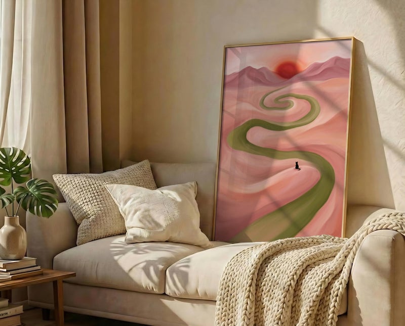 TNESSENTIAL Surreal Cat Landscape – Abstract Pink Desert Print, Green River Poster, Dreamy Nature Wall Art, Black Cat Decor, Modern Pastel Painting - Image 3