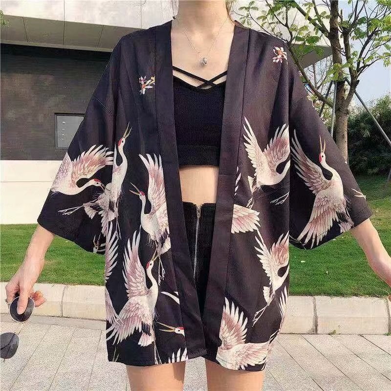 Summer Japanese-style Harajuku-style Loose Thin Cardigan Japanese-style Crane Robe Collarless Jacket Fashionable for Men and Women Students Black 