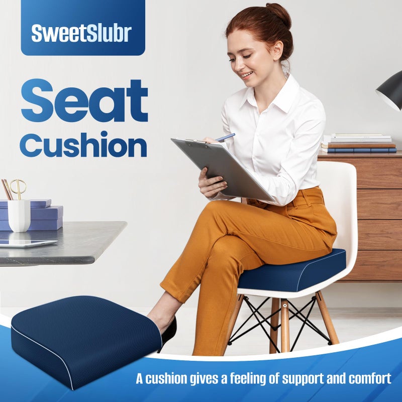 SweetSlubr Seat Cushion for Tailbone Pain Relief, Office Chair Cushion, Memory Foam Large Chair Cushion with Non-Slip Cover for Soft Support at Office Chair, Car Seat, Airplane Dark Blue/Large - Image 3