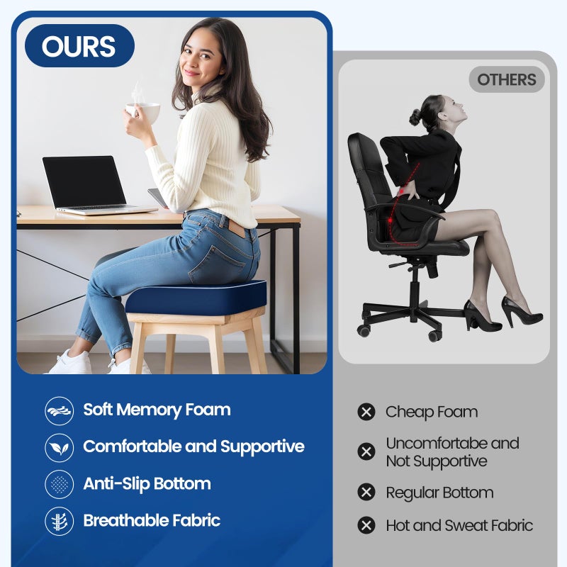 SweetSlubr Seat Cushion for Tailbone Pain Relief, Office Chair Cushion, Memory Foam Large Chair Cushion with Non-Slip Cover for Soft Support at Office Chair, Car Seat, Airplane Dark Blue/Large - Image 5