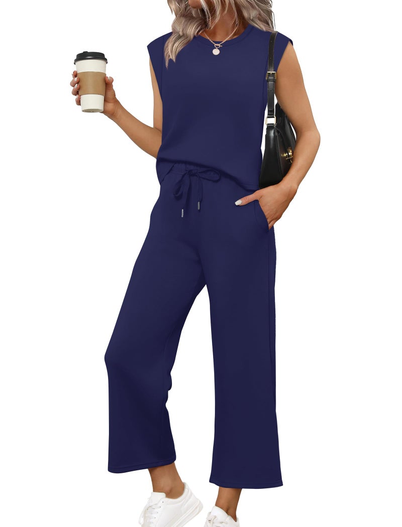Sampeel Women's 2 Piece Set Casual Comfy Wide Leg Pants Sets Matching Sets Women Clothing Lounge Sweat Set Travel Vacation Outfits Royal Blue L - Image 1