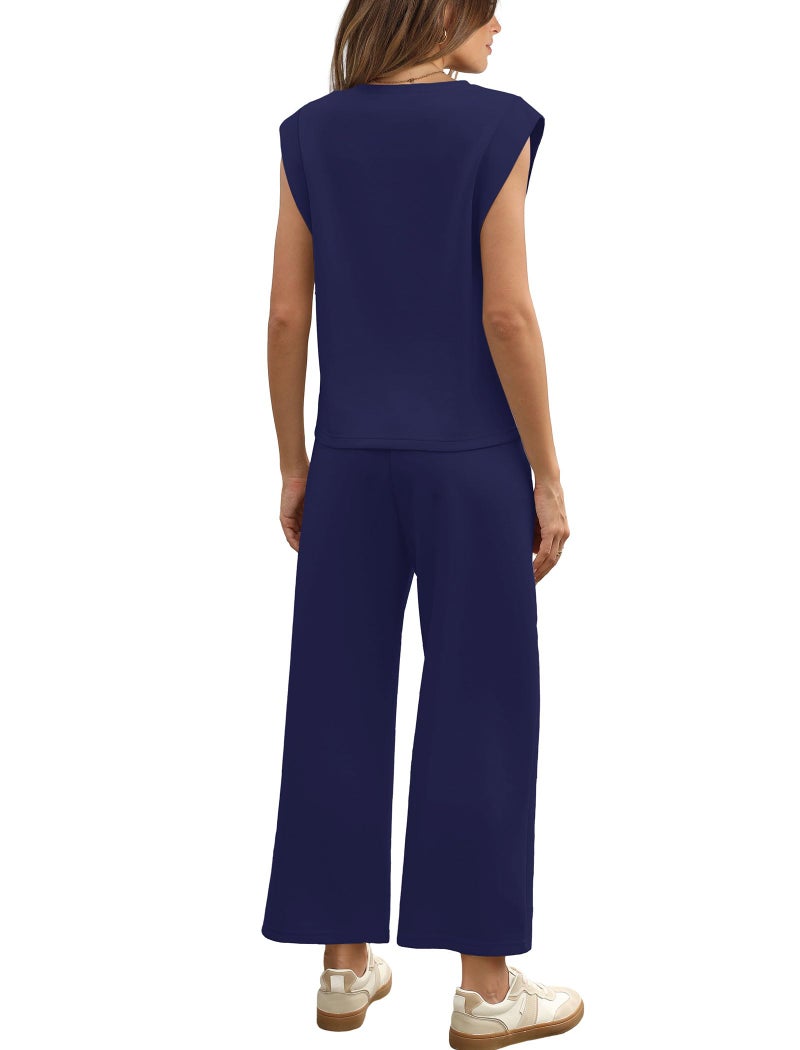 Sampeel Women's 2 Piece Set Casual Comfy Wide Leg Pants Sets Matching Sets Women Clothing Lounge Sweat Set Travel Vacation Outfits Royal Blue L - Image 5