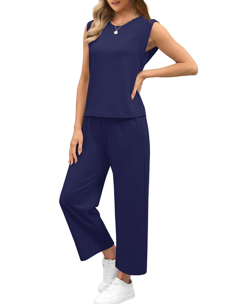 Sampeel Women's 2 Piece Set Casual Comfy Wide Leg Pants Sets Matching Sets Women Clothing Lounge Sweat Set Travel Vacation Outfits Royal Blue L - Image 3