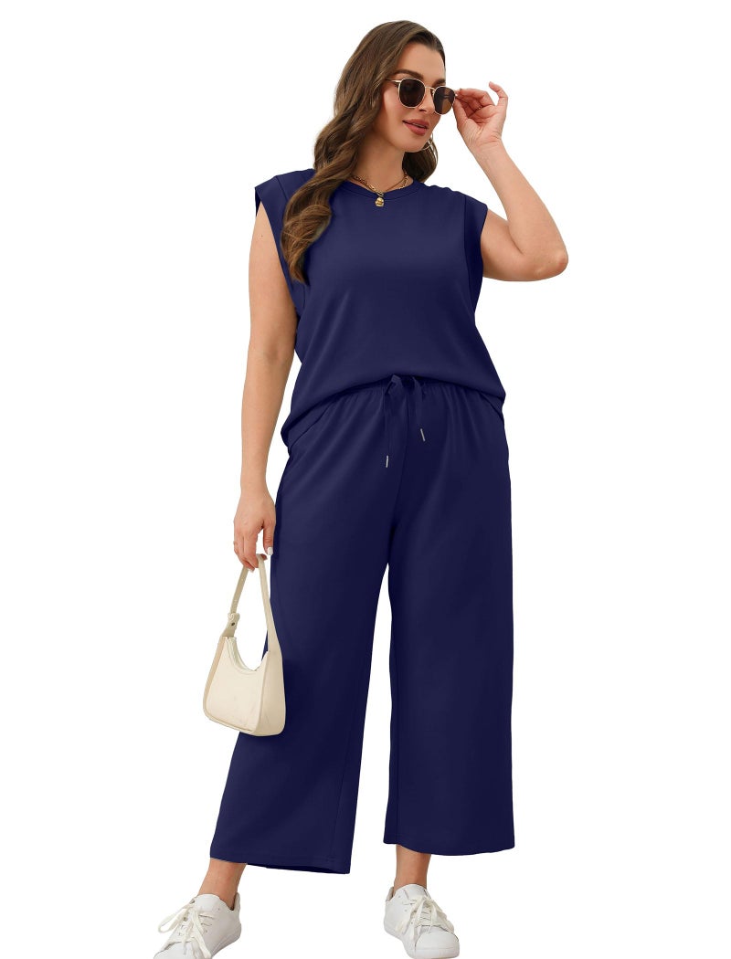 Sampeel Women's 2 Piece Set Casual Comfy Wide Leg Pants Sets Matching Sets Women Clothing Lounge Sweat Set Travel Vacation Outfits Royal Blue L - Image 4