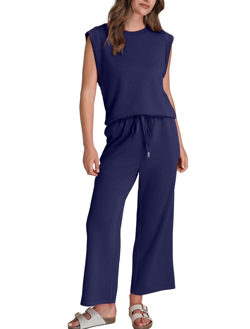 Sampeel Women's 2 Piece Set Casual Comfy Wide Leg Pants Sets Matching Sets Women Clothing Lounge Sweat Set Travel Vacation Outfits Royal Blue L - Image 2
