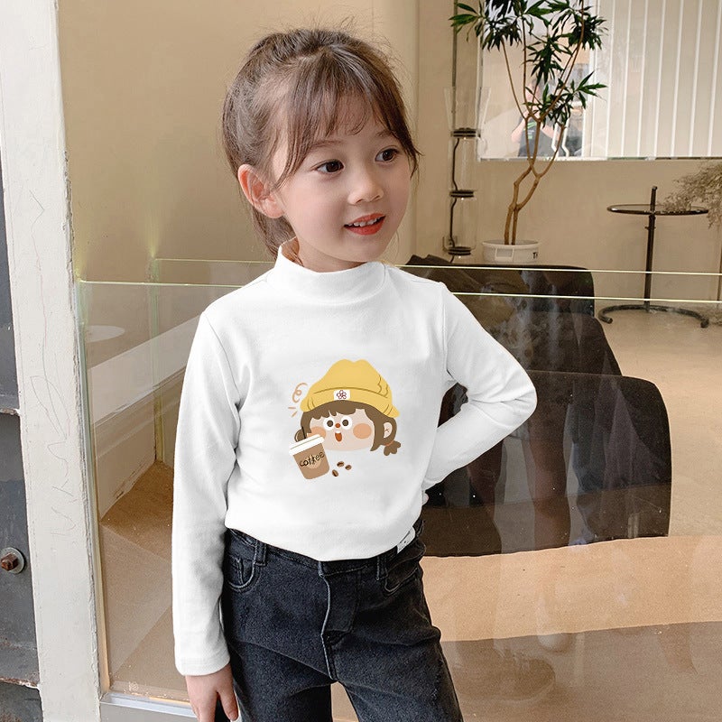 Girls' Velvet Warm T-Shirt Base Shirt Children'S Half-High Collar Long-Sleeved T-Shirt Skin-Friendly Inner Top Trendy - Image 1