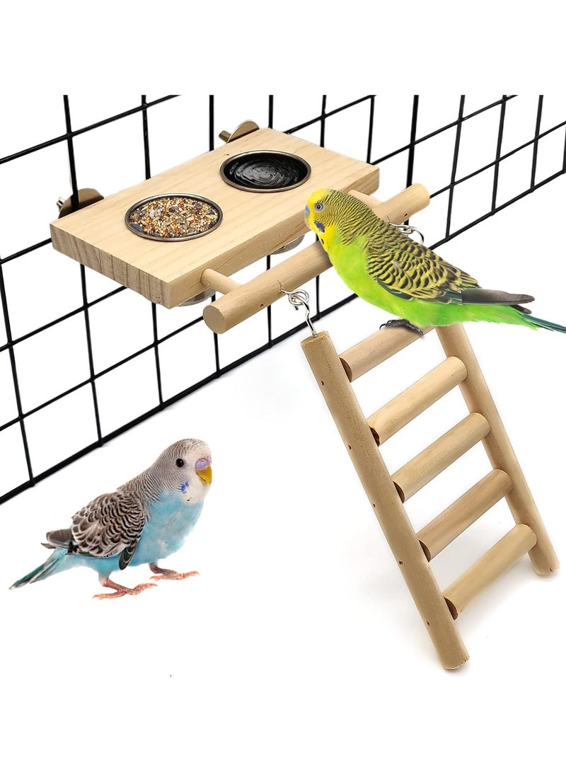 Mmmon Bird Food Stainless Steel Cups Wooden Perch Stand Hanging Feeder Bowls Feeding and Watering suppliesfor Parakeets Conures Cockatiels Budgie Parrot - Image 1