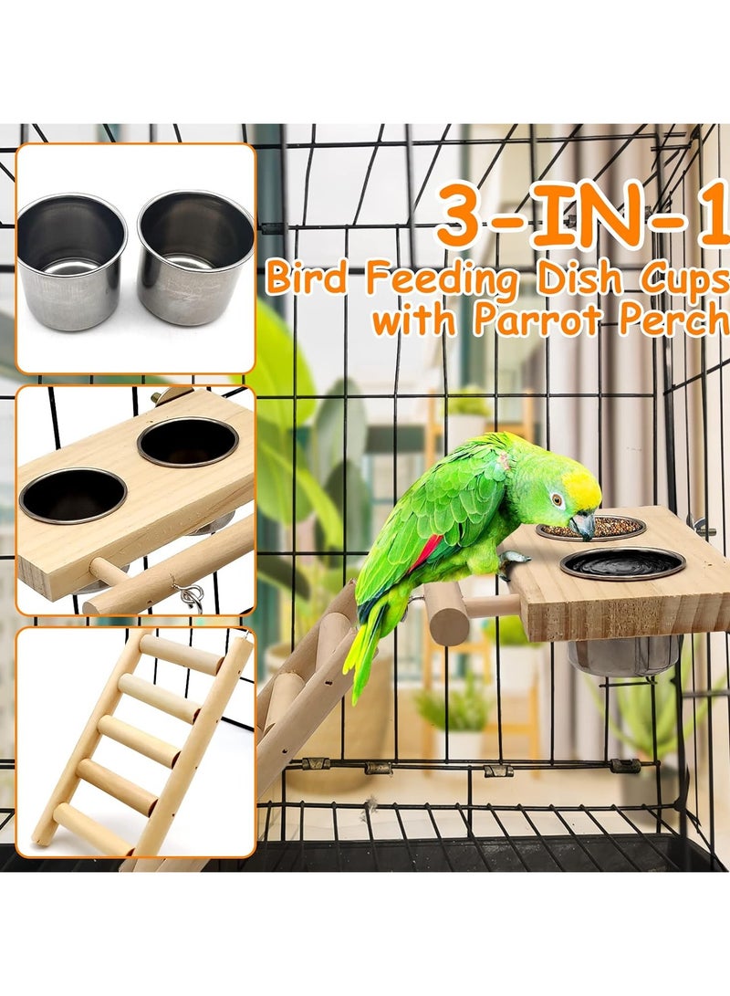 Mmmon Bird Food Stainless Steel Cups Wooden Perch Stand Hanging Feeder Bowls Feeding and Watering suppliesfor Parakeets Conures Cockatiels Budgie Parrot - Image 2