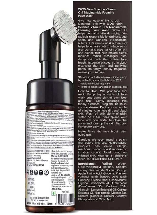 WOW Skin Science - Brightening Vitamin C Foaming Face Wash With Built In Face Brush For Deep Cleansing, 150 Ml - Image 1