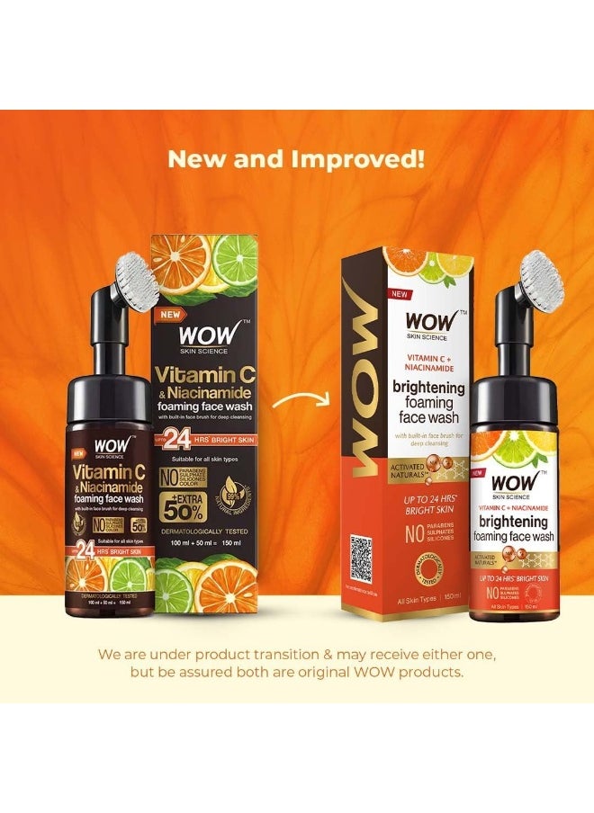 WOW Skin Science - Brightening Vitamin C Foaming Face Wash With Built In Face Brush For Deep Cleansing, 150 Ml - Image 1