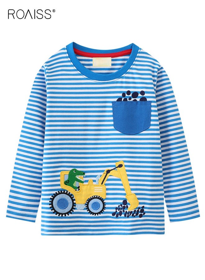 roaiss Toddlers Striped Long-Sleeve T-Shirt, Soft Comfortable Shirt with Cartoon Pattern, Casual Crewneck Printed T-Shirts for Boys, Suitable for All Occasions - Image 1