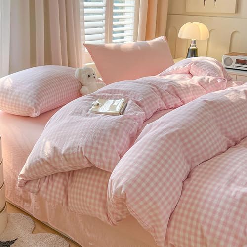 Nayoroom Gingham Duvet Cover Queen Size Pink White Plaid Checkered Comforter Cover Grid Farmhouse Bedding Set 3 Pcs Soft Breathable Washed Microfiber Gifts for Women Men - Image 2