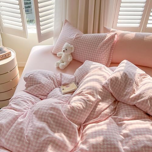 Nayoroom Gingham Duvet Cover Queen Size Pink White Plaid Checkered Comforter Cover Grid Farmhouse Bedding Set 3 Pcs Soft Breathable Washed Microfiber Gifts for Women Men - Image 4
