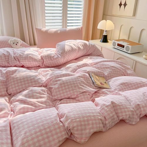 Nayoroom Gingham Duvet Cover Queen Size Pink White Plaid Checkered Comforter Cover Grid Farmhouse Bedding Set 3 Pcs Soft Breathable Washed Microfiber Gifts for Women Men - Image 3