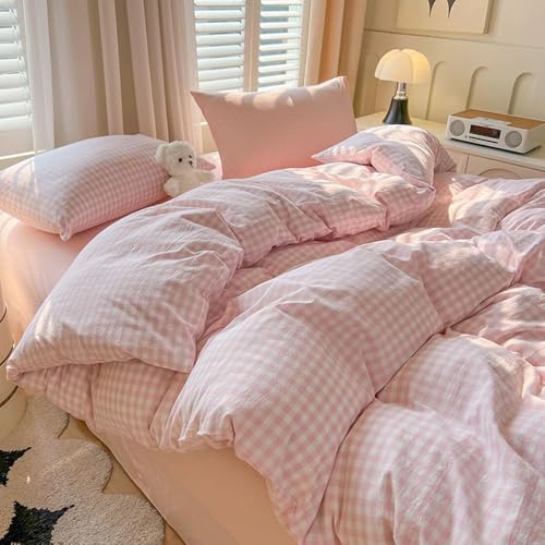 Nayoroom Gingham Duvet Cover Queen Size Pink White Plaid Checkered Comforter Cover Grid Farmhouse Bedding Set 3 Pcs Soft Breathable Washed Microfiber Gifts for Women Men - Image 1