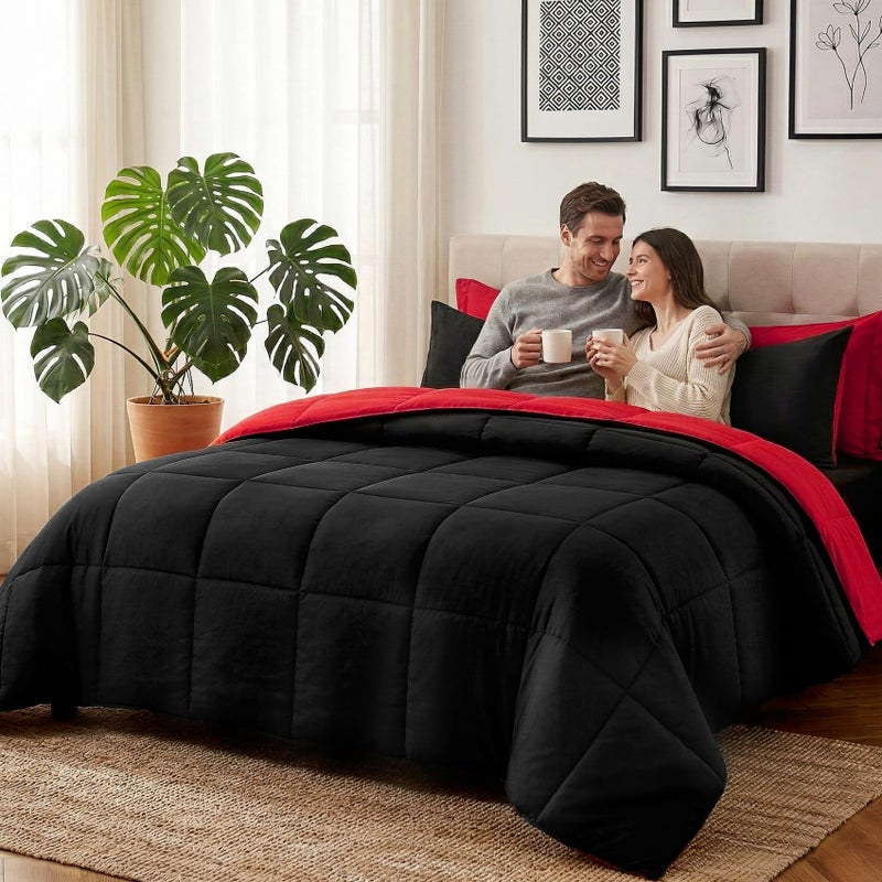 Anluoer King Size Comforter Set 7 Pieces, Reversible Bed in a Bag King Size,Lightweight Bedding Set with 1 Comforter(102*90") , 2 Pillow Shams, 2 Pillowcases, 1 Flat Sheet , 1 Fitted Sheet,Red & Black - Image 3