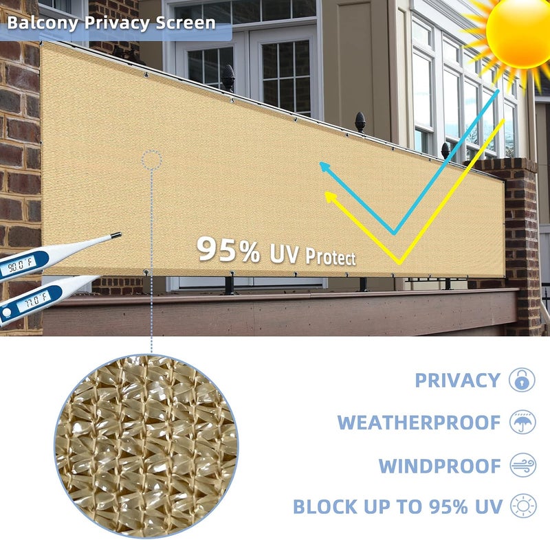 GardenLux 3'x13'Balcony Privacy Screen Cover Fence Cover UV Protection Weatherproof Windscreen Heavy Duty for Patio, Backyard,Sand - Image 2