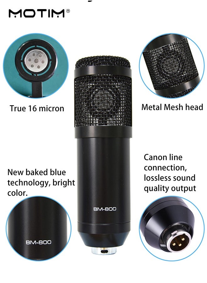 Motim - 11 Pcs BM800 Condenser Microphone+V8S Live Sound Card Set, Mobile Phone Computer Live Broadcast Tiktok Set, Podcast Mic Bundle with Cantilever Stand Adjustable Mic Suspension Arm - Image 1