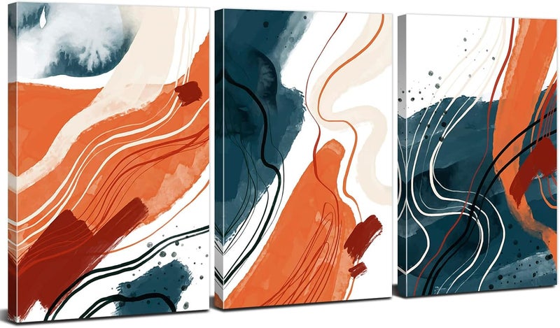 AREBOLO Abstract Wall Art 3 Piece Orange Navy Blue Pictures Wall Decor Abstract Neutral Canvas Prints for Living Room Bathroom Watercolor Blush Posters Boho Artwork Framed Home Decorations (30x40 cm) - Image 1