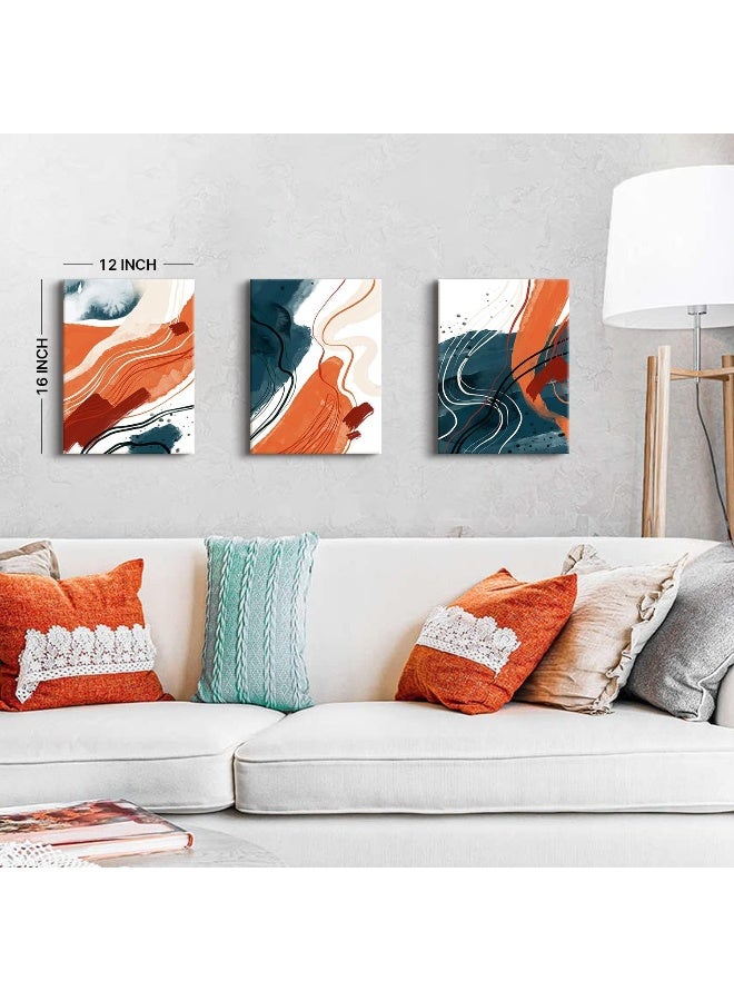 AREBOLO Abstract Wall Art 3 Piece Orange Navy Blue Pictures Wall Decor Abstract Neutral Canvas Prints for Living Room Bathroom Watercolor Blush Posters Boho Artwork Framed Home Decorations (30x40 cm) - Image 4