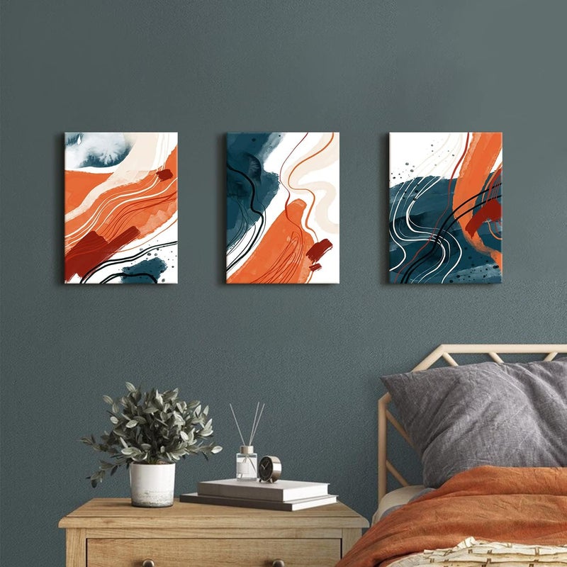 AREBOLO Abstract Wall Art 3 Piece Orange Navy Blue Pictures Wall Decor Abstract Neutral Canvas Prints for Living Room Bathroom Watercolor Blush Posters Boho Artwork Framed Home Decorations (30x40 cm) - Image 2