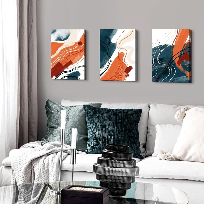 AREBOLO Abstract Wall Art 3 Piece Orange Navy Blue Pictures Wall Decor Abstract Neutral Canvas Prints for Living Room Bathroom Watercolor Blush Posters Boho Artwork Framed Home Decorations (30x40 cm) - Image 5