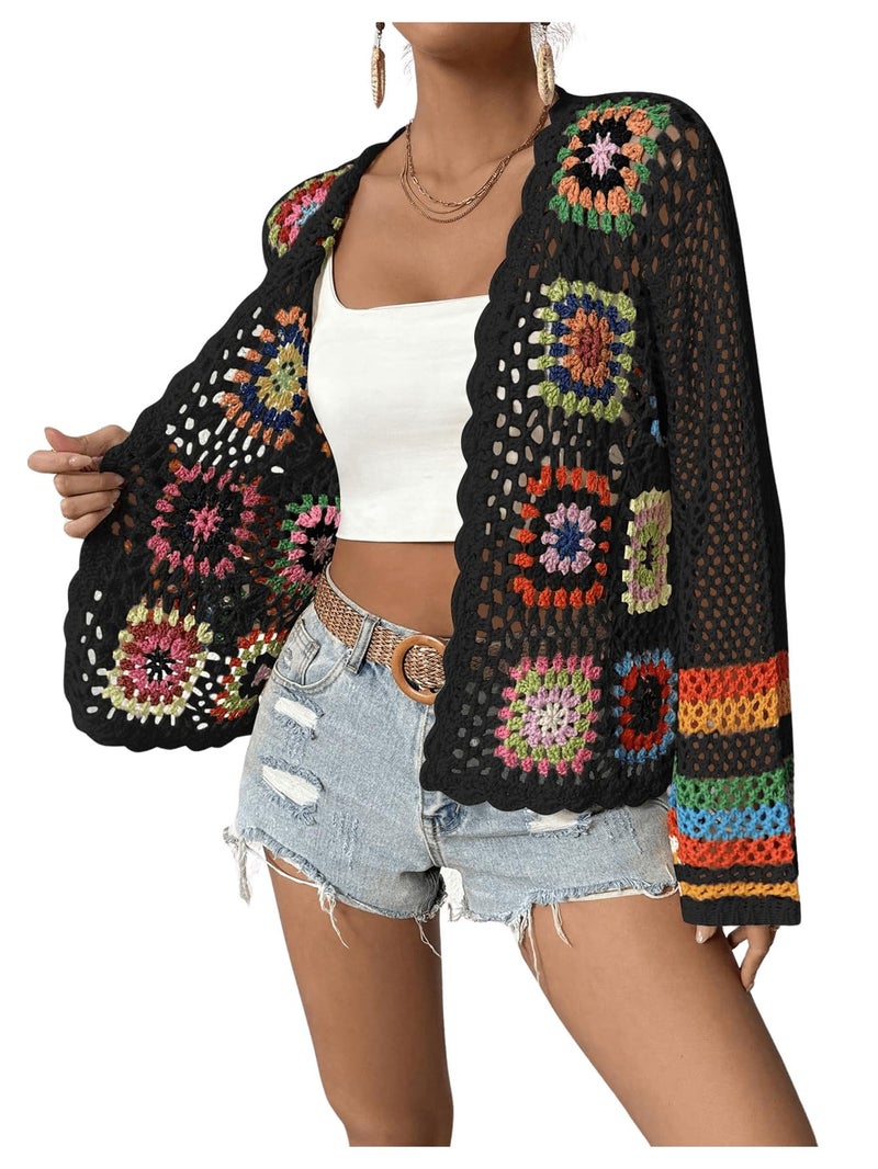 SHENHE Women's Floral Crochet Cardigan Hollow Out Open Front Long Sleeve Cardigan Sweater Black L - Image 2