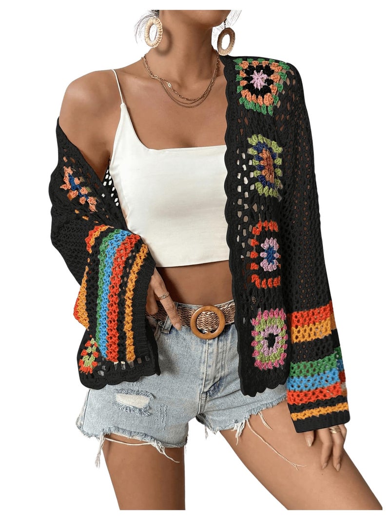 SHENHE Women's Floral Crochet Cardigan Hollow Out Open Front Long Sleeve Cardigan Sweater Black L - Image 5