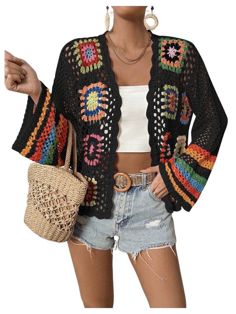SHENHE Women's Floral Crochet Cardigan Hollow Out Open Front Long Sleeve Cardigan Sweater Black L - Image 1