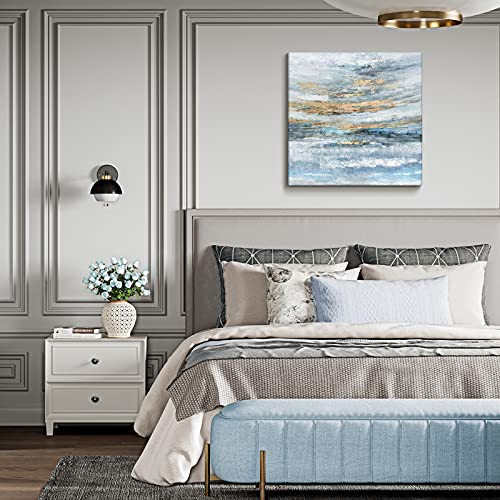 Nicetop Abstract Canvas Wall Art Framed Light Blue Canvas Print Coastal Theme Artwork Modern Ocean Skyline and Sunset & Sunrise in the Seaside Large Sea Picture for Home Bedroom Decor 24x24inch - Image 4