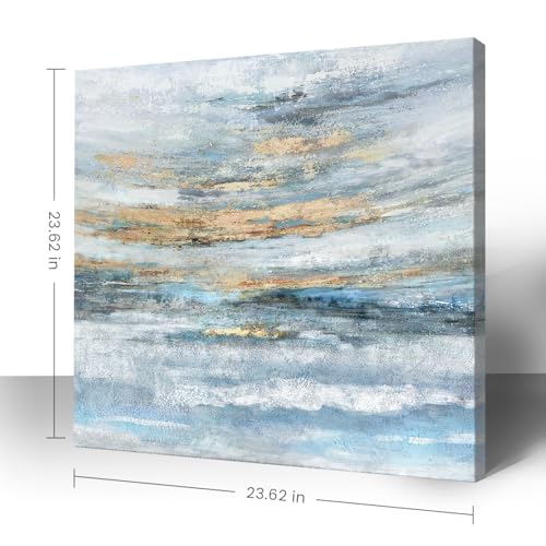 Nicetop Abstract Canvas Wall Art Framed Light Blue Canvas Print Coastal Theme Artwork Modern Ocean Skyline and Sunset & Sunrise in the Seaside Large Sea Picture for Home Bedroom Decor 24x24inch - Image 2
