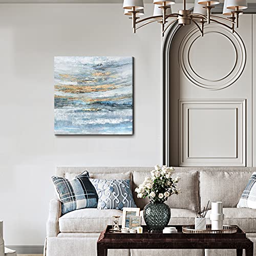 Nicetop Abstract Canvas Wall Art Framed Light Blue Canvas Print Coastal Theme Artwork Modern Ocean Skyline and Sunset & Sunrise in the Seaside Large Sea Picture for Home Bedroom Decor 24x24inch - Image 3
