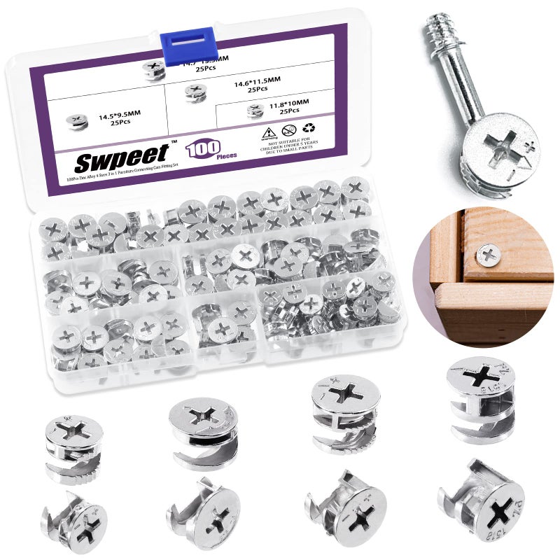 Swpeet 100Pcs 4 Sizes 3 in 1 Furniture Connecting Cam Lock Fittings Assortment Kit Fastener Cabinet Connectors Hardware Bolts Furniture Connecting Lock Nut for Closets Bed Furniture Connecting - Image 2