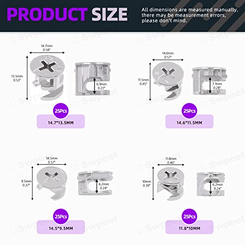 Swpeet 100Pcs 4 Sizes 3 in 1 Furniture Connecting Cam Lock Fittings Assortment Kit Fastener Cabinet Connectors Hardware Bolts Furniture Connecting Lock Nut for Closets Bed Furniture Connecting - Image 3