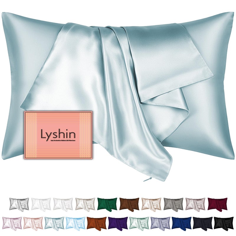 LYSHIN Mulberry Silk Pillow Cases Standard Size with Hidden Zipper, Ultra Smooth and Soft Breathable Cooling Silk Satin Pillowcase for Hair and Skin, Gifts for Women Men (Haze Blue, 20x26 Inches, 1 Pack) - Image 1