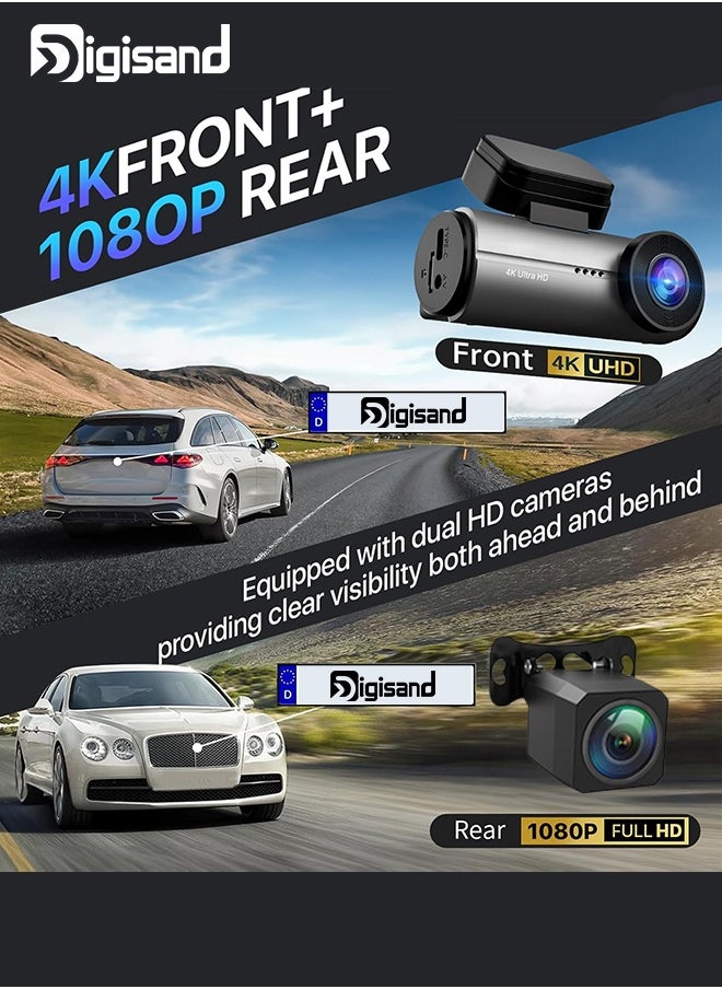 Digisand - Dash Cam 4k Front,Built-In Wifi Dash Camera For Cars,GPS,Dashcam With App,170°Wide Angle,Night Vision,Wdr,G-Sensor,Free 128g SD Cardداش كام - Image 1