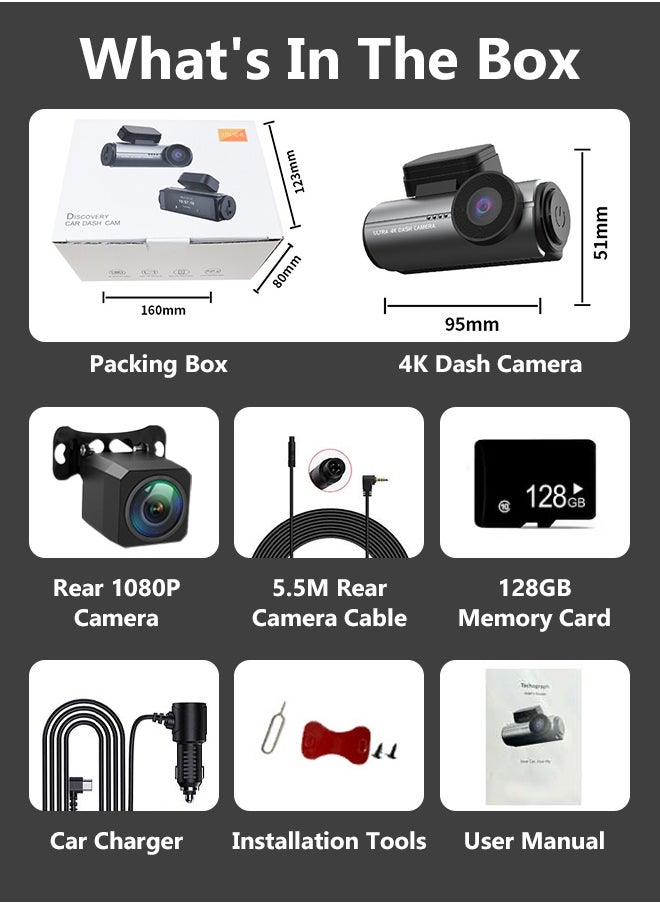 Digisand - Dash Cam 4k Front,Built-In Wifi Dash Camera For Cars,GPS,Dashcam With App,170°Wide Angle,Night Vision,Wdr,G-Sensor,Free 128g SD Cardداش كام - Image 1